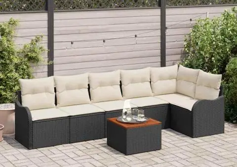 Set Canapea Grădină cu 7 Piese și Perne Negru Polirat Acacia - 1/5