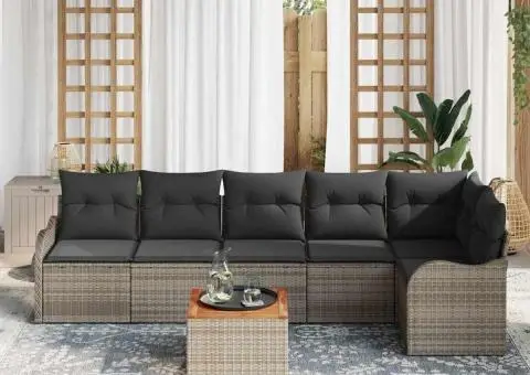 Set de Canapea pentru Grădină cu 7 Piese și Perne Gri Ratan Poli Acacia - 3/5