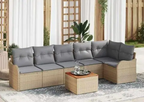 Set de 7 Piese pentru Grădină cu Pernuțe Bej din Ratan Poly Acacia - 1/5