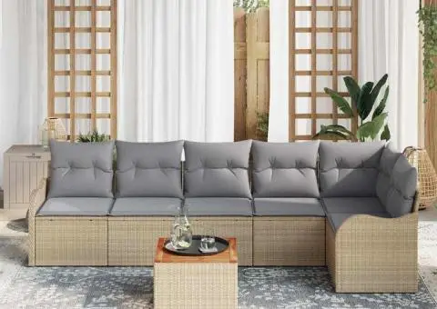 Set de 7 Piese pentru Grădină cu Pernuțe Bej din Ratan Poly Acacia - 3/5