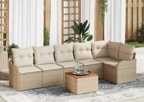 Set canapea de grădină cu 7 piese și perne Bej Poliratan Acacia - 1/5