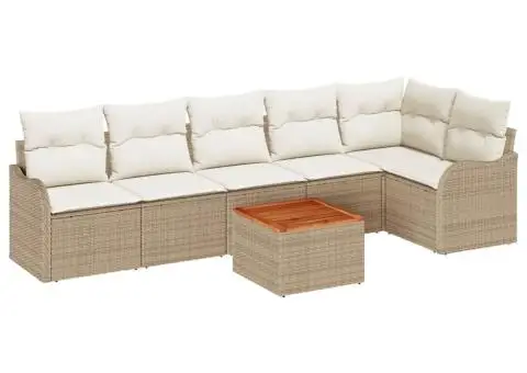 Set canapea de grădină cu 7 piese și perne Bej Poliratan Acacia - 2/5