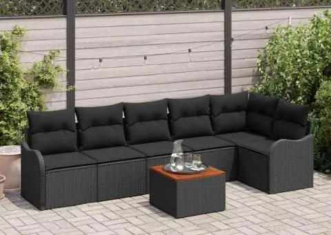 Set Canapea pentru Grădină cu 7 Piese și Perne Negru Poliratan Acacia - 1/5