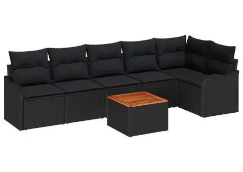 Set Canapea pentru Grădină cu 7 Piese și Perne Negru Poliratan Acacia - 2/5