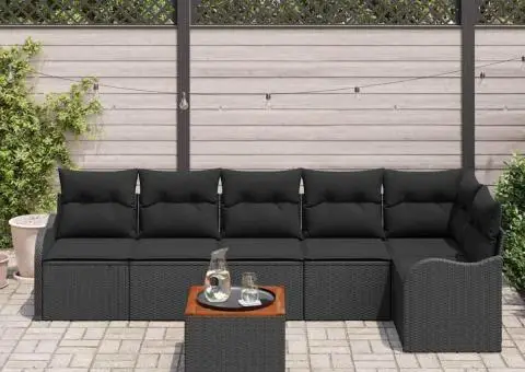 Set Canapea pentru Grădină cu 7 Piese și Perne Negru Poliratan Acacia - 3/5
