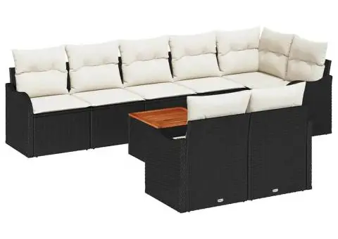 Set Canapea Grădină 9 Piese cu Pernuțe Negru Ratan Polimer Acacia - 2/5