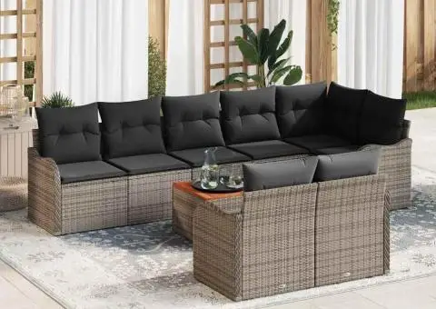 Set Canapea pentru Grădină cu 9 Piese și Pernuțe Gri Ratan Polimeric Acacia - 1/5