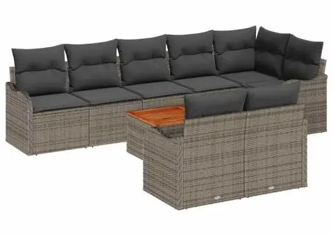 Set Canapea pentru Grădină cu 9 Piese și Pernuțe Gri Ratan Polimeric Acacia - 2/5