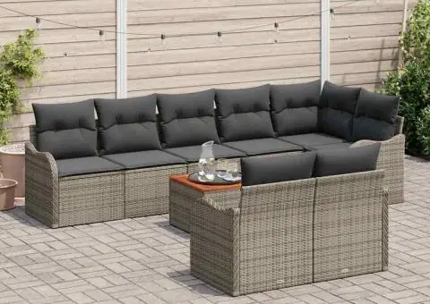 Set Canapea pentru Grădină cu 9 Piese și Pernuțe Gri Ratan Polimeric Acacia - 3/5