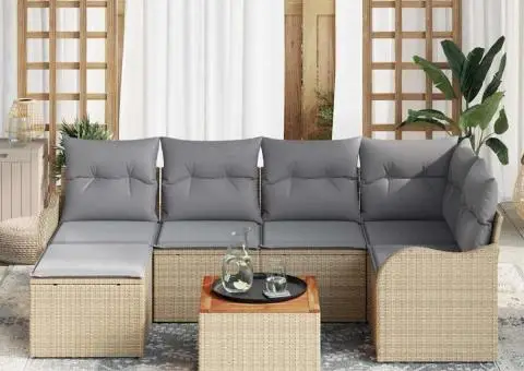 Set de canapea de grădină în 7 piese cu perne Bej din Ratan Poliester - 3/5