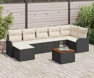 Set de canapea de grădină cu 8 piese cu perne Negru Ratan Poli Acacia