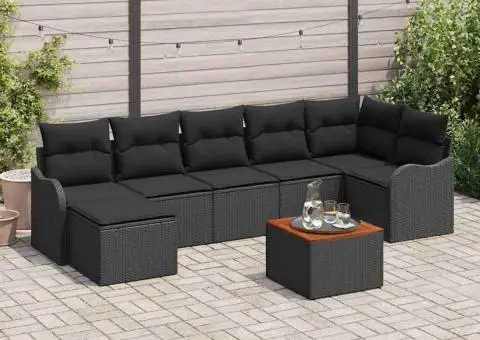 Set de Canapea de Grădină 8 Piese cu Pernă Negru Poliratan Acacia - 1/5