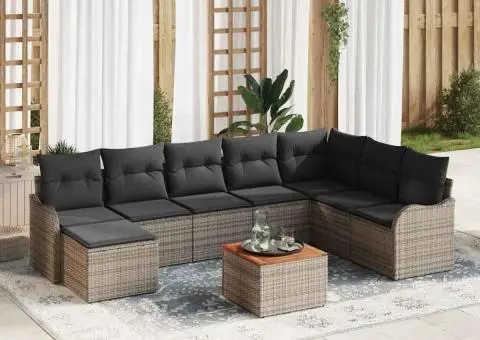 Set de Canapea Grădină 9 Piese cu Pernuțe Gri Ratan Policombinat Acacia - 1/5