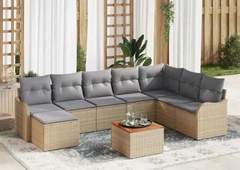 Set Canapea Grădină 9 Piese cu Pernuțe Bej Poly Ratan Acacia - 1/5