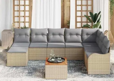 Set Canapea Grădină 9 Piese cu Pernuțe Bej Poly Ratan Acacia - 3/5