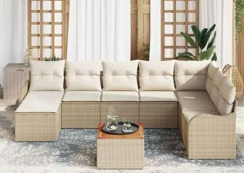 Set canapea grădină 9 piese și perne Bej Poliratan Acacia - 3/5