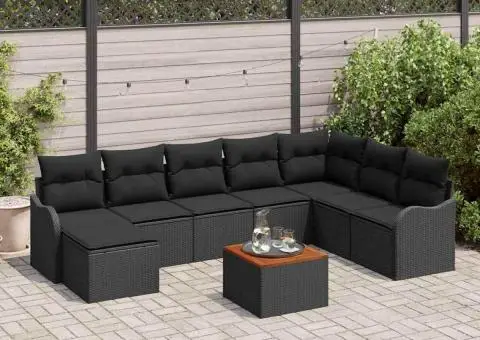 Set de Canapele pentru Grădină 9 Piese cu Perne Negru Ratan Polimer Acacia - 1/5