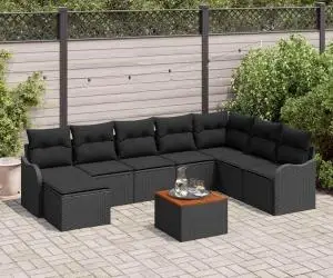 Set de Canapele pentru Grădină 9 Piese cu Perne Negru Ratan Polimer Acacia