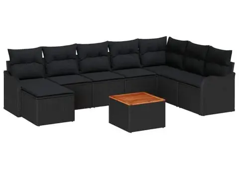 Set de Canapele pentru Grădină 9 Piese cu Perne Negru Ratan Polimer Acacia - 2/5