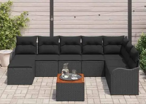 Set de Canapele pentru Grădină 9 Piese cu Perne Negru Ratan Polimer Acacia - 3/5