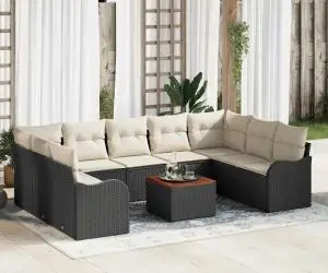 Set Canapea Grădină de 10 Piese cu Pernițe Negre din Poliratan Acacia