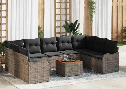 Set de canapea de grădină cu 10 piese cu perne gri poliratan Acacia - 1/5