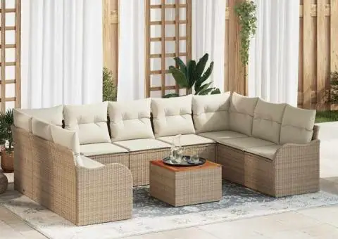 Set de canapea de grădină 10 piese cu perne bej poly ratan acacia - 1/5