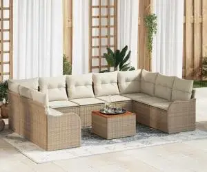 Set de canapea de grădină 10 piese cu perne bej poly ratan acacia