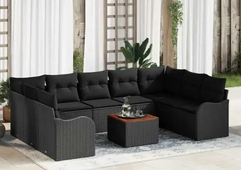 Set canapea grădină 10 piese cu perne Ratan polyester negru Acacia - 1/5