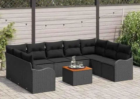 Set canapea grădină 10 piese cu perne Ratan polyester negru Acacia - 3/5