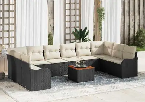 Set de canapea de grădină de 11 piese cu perne, Ratan negru, Acacia - 1/5