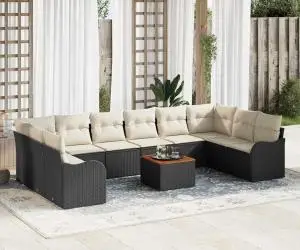 Set de canapea de grădină de 11 piese cu perne, Ratan negru, Acacia