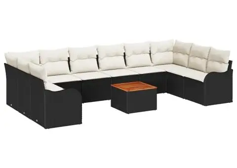 Set de canapea de grădină de 11 piese cu perne, Ratan negru, Acacia - 2/5