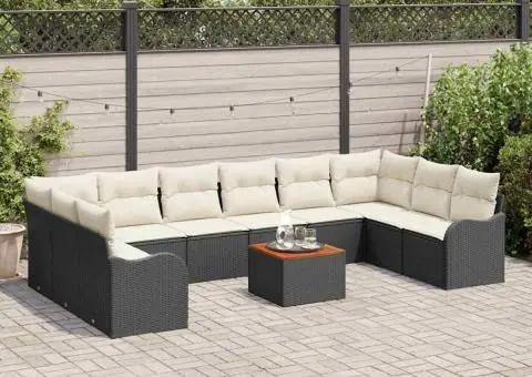 Set de canapea de grădină de 11 piese cu perne, Ratan negru, Acacia - 3/5