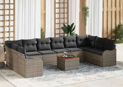 Set de Canapea de Grădină cu 11 piese cu Perne Gri din Ratan Poliester Acacia - 1/5