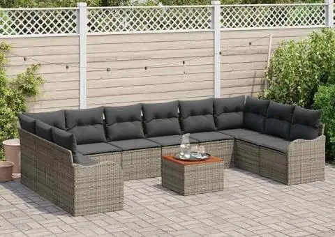 Set de Canapea de Grădină cu 11 piese cu Perne Gri din Ratan Poliester Acacia - 3/5