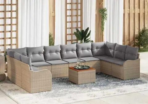 Set de canapea pentru grădină cu 11 piese cu perne bej din ratan poly și acacia - 1/5