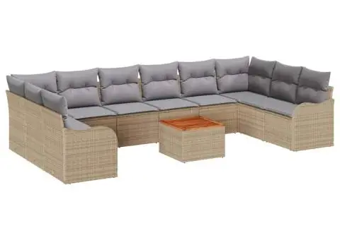 Set de canapea pentru grădină cu 11 piese cu perne bej din ratan poly și acacia - 2/5