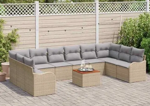 Set de canapea pentru grădină cu 11 piese cu perne bej din ratan poly și acacia - 3/5