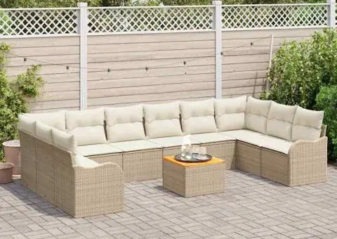 Set canapea de grădină cu perne 11 piese Bej ratan poli acacia - 3/5