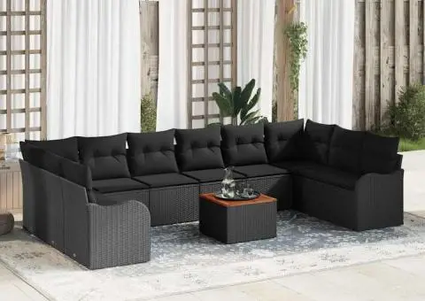 Set de Canapea de Grădină cu Pernuțe, 11 Piese, Negru, Poliratan, Acacia - 1/5