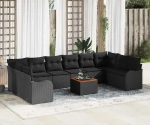 Set de Canapea de Grădină cu Pernuțe, 11 Piese, Negru, Poliratan, Acacia