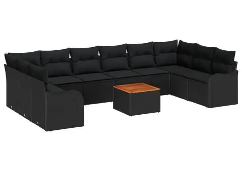 Set de Canapea de Grădină cu Pernuțe, 11 Piese, Negru, Poliratan, Acacia - 2/5