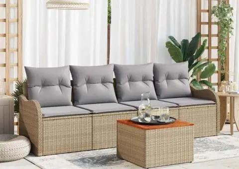 Set de 5 Piese pentru Grădină cu Perne Bej Ratan Poliester Acacia - 1/5