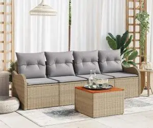 Set de 5 Piese pentru Grădină cu Perne Bej Ratan Poliester Acacia