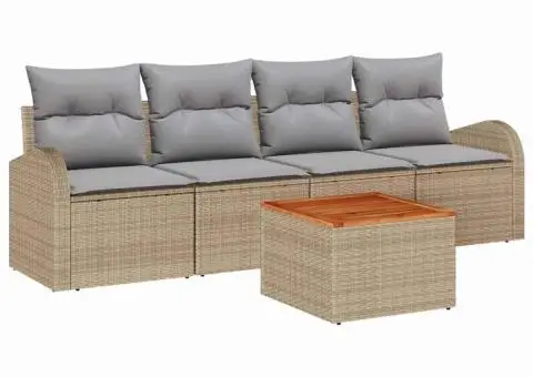 Set de 5 Piese pentru Grădină cu Perne Bej Ratan Poliester Acacia - 2/5