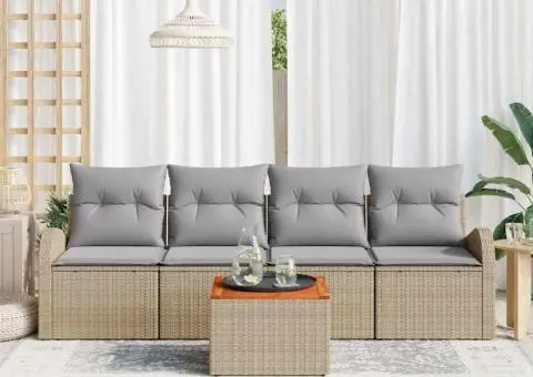 Set de 5 Piese pentru Grădină cu Perne Bej Ratan Poliester Acacia - 3/5