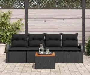 Set de canapea de grădină cu perne, 5 piese, ratan poliat negru, lemn de acacia