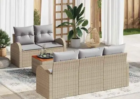 Set de canapea de grădină cu 6 piese și perne bej din poli ratan și acacia - 1/5