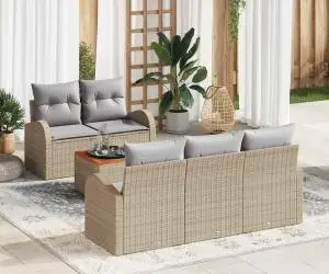 Set de canapea de grădină cu 6 piese și perne bej din poli ratan și acacia